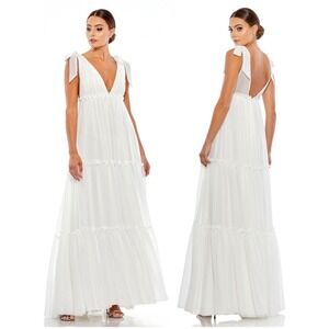 Ieena by Mac Duggal 70188 White Chiffon Tiered Maxi Gown Tie Shoulder Dress 0